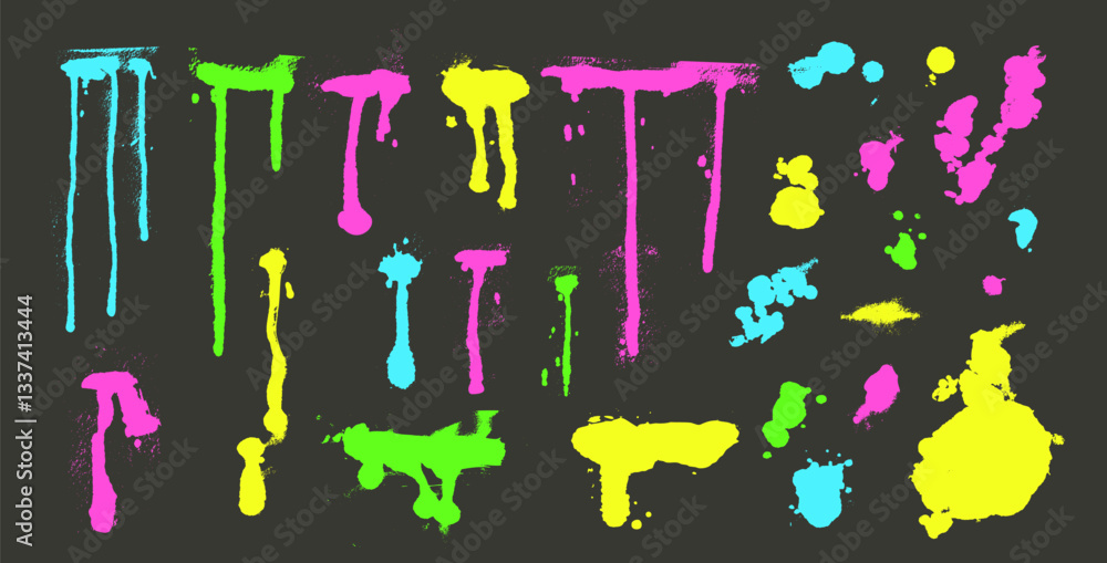 Paint spray splatters lines set. Grunge graffiti splashes and drips pack. Ink spots and blob shapes. Collage smudge. Dirty destroyed, liquid vibrant spatter silhouette. Vector hand drawn collection.