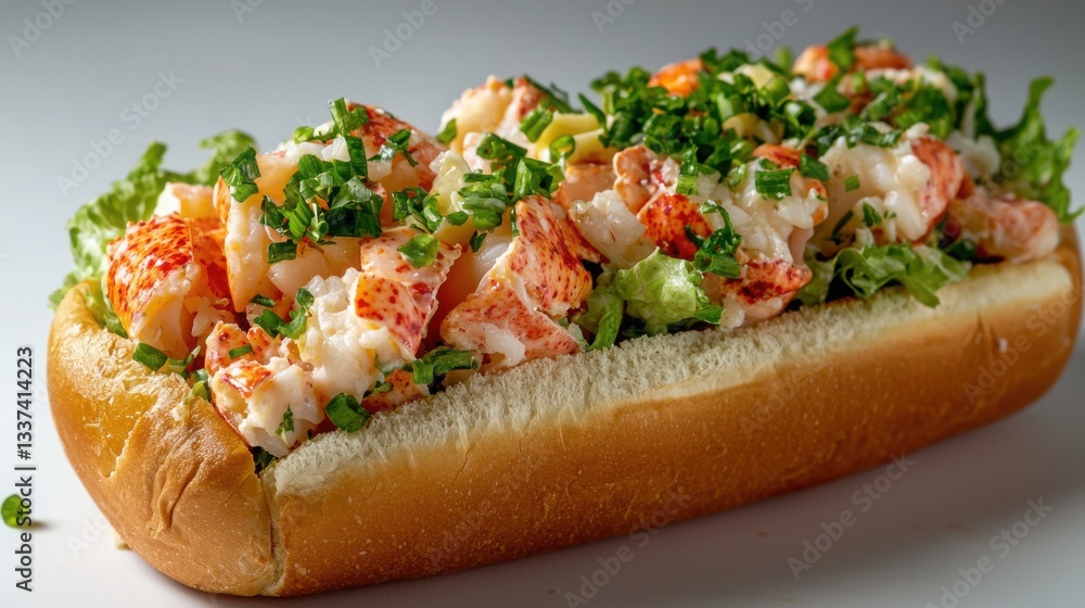 Close-up of a delicious lobster roll, brimming with succulent lobster meat, mayonnaise, and fresh herbs. A culinary delight! Close-up of a delicious lobster roll, brimming with succulent lobster meat, mayonnaise, and fresh herbs. A culinary delight!