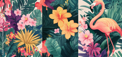 Tropical Flamingo and Hawaiian Flowers Vector Pattern for Wallpaper Design