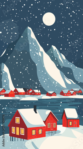 Winter Night in Lofoten Islands Village with Red Cabins and Mountains