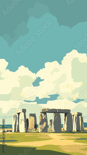 Stonehenge England Retro Travel Poster: Vintage Summer Holiday Concept in Minimalist Style