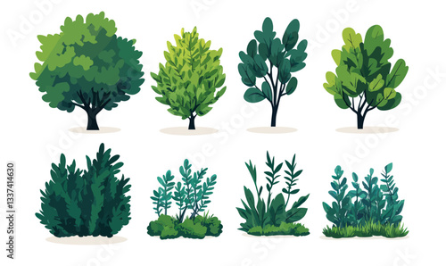 Flat Minimalist Bush and Tree Set Vector Illustration for Nature Design
