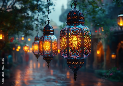 Colorful, Intricately Designed Lanterns Hang in Misty, Rain-Soaked Street with Warm Light and Lush Greenery

