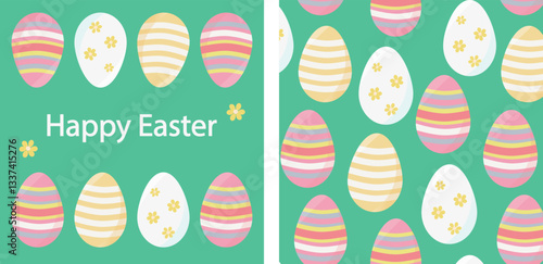 Happy Easter card and pattern. Festive Easter set of illustrations with eggs and greetings. Seamless vector background. Ideal for social networks, cards, banners, packaging and fabric.
