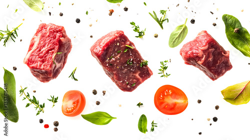 Fototapeta Naklejka Na Ścianę i Meble -  Three pieces of meat are on a white background with a variety of herbs and spices. The meat is cut into different shapes and sizes, and the herbs and spices are scattered around it