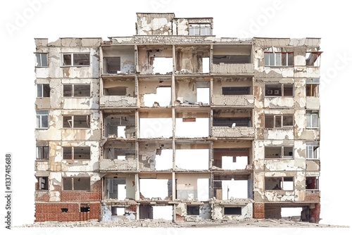 Haunted ruined apartment building with broken windows isolated on transparent background