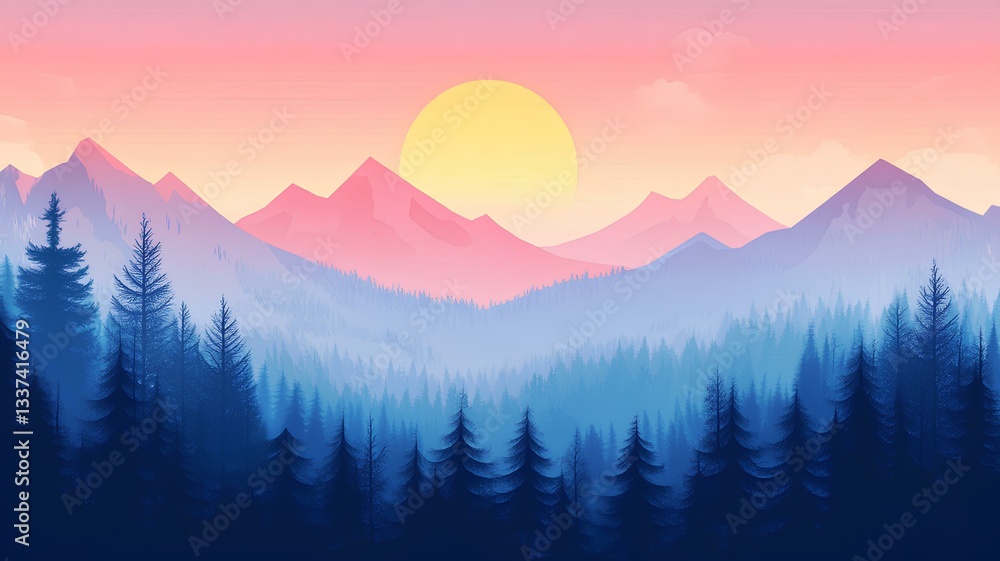 Obraz premium Landscape with mountains and forest at sunset. Vector illustration for your design