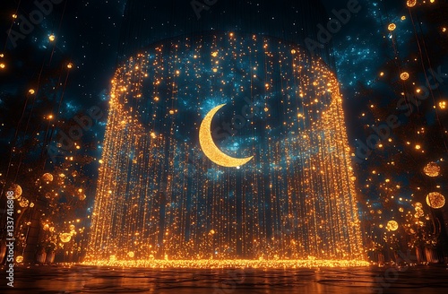 Mesmerizing Scene of Glowing Crescent Moon Surrounded by Cascading Golden Lights and Starry Night Sky

