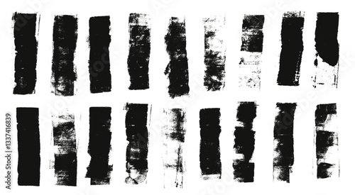 Straight thick grunge underlines. Linocut rolled brush stroke set. Handmade ink rectangle rough stamps. Vector black paint lines shapes. Dry marker or brayer smear textures. Distressed figures.