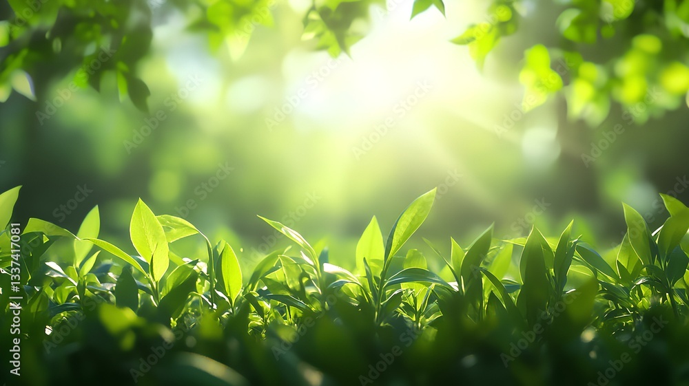 Obraz premium Fresh green tea leaves in the morning sunlight. Beautiful nature background.