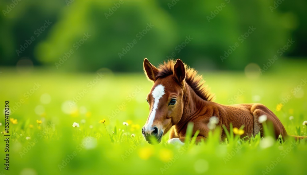 Tiny foal naps peacefully in lush green pasture , landscape, tail Tiny foal naps peacefully in lush green pasture , landscape, tail