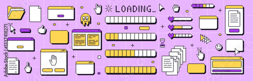 Pixel art windows interface. 8 bit browser and popup elements with pointers cursors, arrow and sparkles and loading bar. Pixel screens 90s style. Ui message borders figures. Vector set illustration.