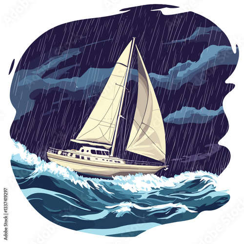 Dramatic Boat Sailing in Stormy Sea with Rain and Ship on Ocean Wave