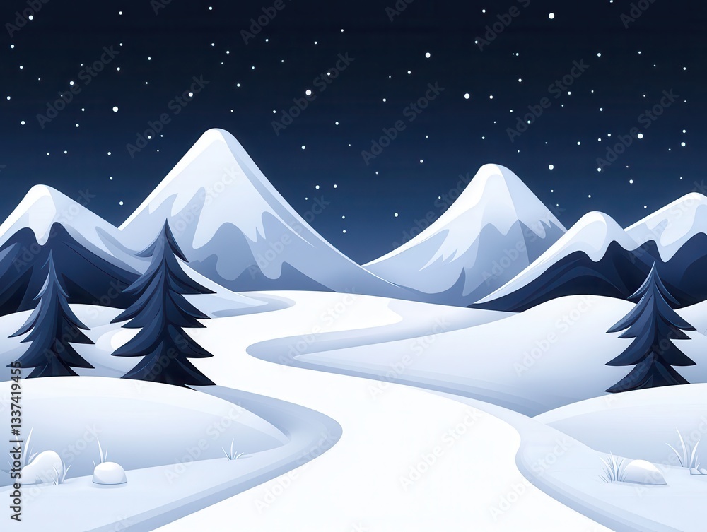 Fototapeta premium Serene winter landscape with snow-covered mountains and starry night sky