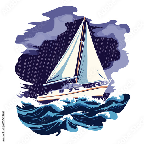 Dramatic Boat Sailing in Stormy Sea with Rain and Ship on Ocean Wave
