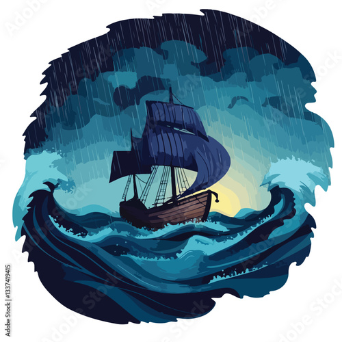 Dramatic Boat Sailing in Stormy Sea with Rain and Ship on Ocean Wave