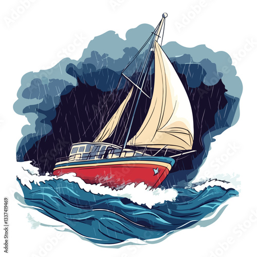 Dramatic Boat Sailing in Stormy Sea with Rain and Ship on Ocean Wave