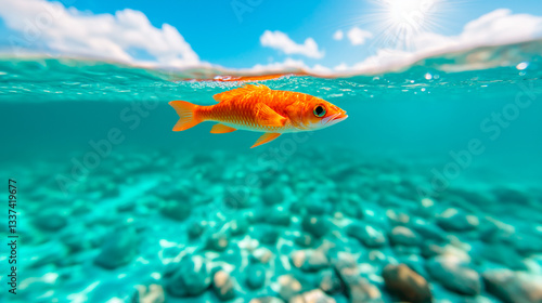 A stunning close-up of a fish underwater, its large eyes and delicate fins creating a fascinating marine portrait. The bright blue ocean background enhances the tropical scene.