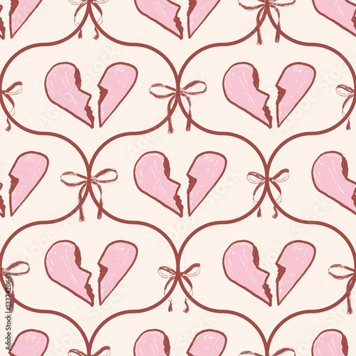 Love damask seamless pattern. Girly pencil endless background. Bow and broken heart ogee repeat cover. Crayon continuous ornament. Surface pattern design ribbon motif. Vector hand drawn illustration.