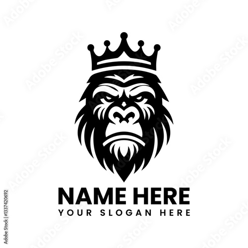 Detailed crowned gorilla face silhouette. Classic regal primate motif