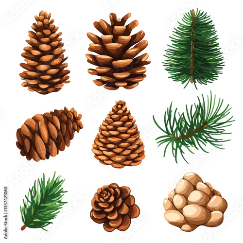 Wooden Branches and Pine Cones Cartoon Vector Set
