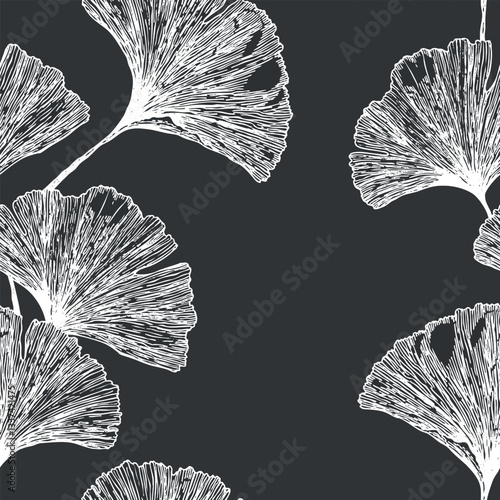 Seamless floral pattern with ginkgo biloba leaves. Art flowers on color background. Decorative sceleton leaf. Vector hand drawn illustration. Minimal linear style.