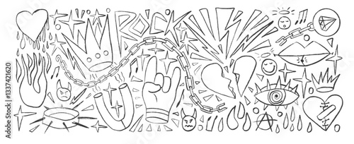Rock and roll girly crayon drawn set. Punk charcoal breaking heart doodle background. Scribble grunge poster elements. Heart, crown and sketch marker art. Vector by pencil isolated illustration.