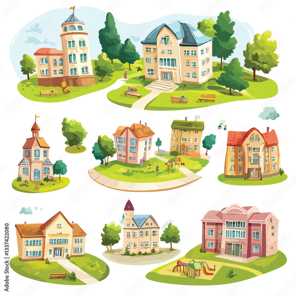 Naklejka premium Modern Buildings of School, Kindergarten, and University for Educational Concepts