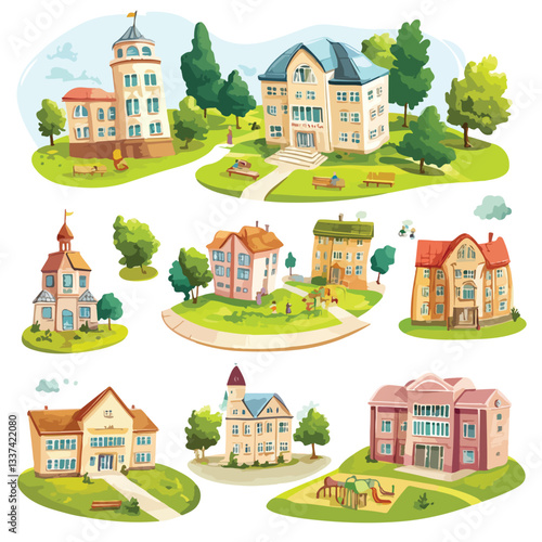 Modern Buildings of School, Kindergarten, and University for Educational Concepts