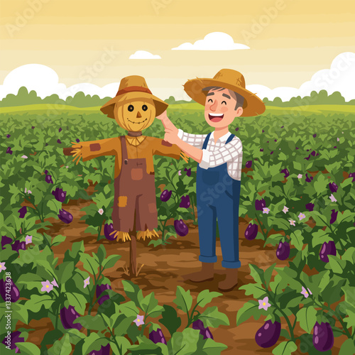 Farmer and Scarecrow Tending to Eggplant Field on a Sunny Day