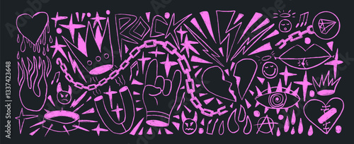 Rock and roll girly line crayon drawn set. Punk coquette breaking heart doodle background. Scribble grunge poster elements. Heart, crown and sketch graffiti art. Vector illustration by purple marker.