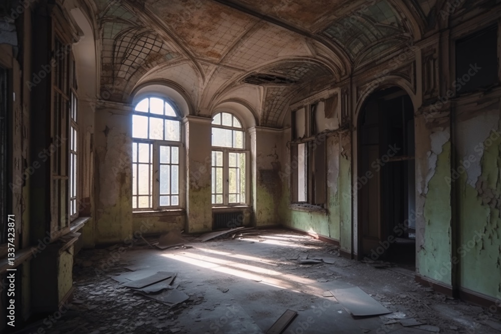 Decaying Grandeur: An interior shot of a dilapidated historic building showcasing architectural detail, featuring arched windows and sunlight. Decaying Grandeur: An interior shot of a dilapidated historic building showcasing architectural detail, featuring arched windows and sunlight.