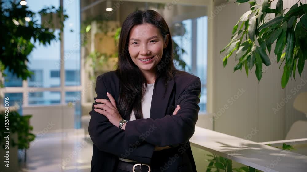 Confident Asian woman business employer elegant leader manager developer investor broker in office company successful smiling glad Chinese Korean Japanese businesswoman portrait crossed hands posing