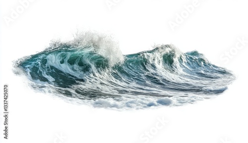 Fototapeta Naklejka Na Ścianę i Meble -  Powerful ocean wave crashing.  A dramatic,  foamy wave surging forward,  isolated against a pure white background,  exhibiting the power and energy of the sea