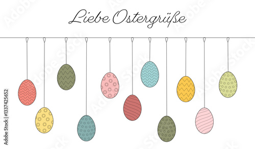 Liebe Ostergrüße - Schriftzug in deutscher Sprache. Karte mit hängenden bunten Ostereiern.