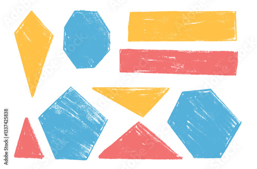 Kids geometric shapes set. Text boxes textured frames. Rounded and square figures. Vector hand drawn quotation stickers shapes. Blue red and yellow grunge geometry callout design collection.