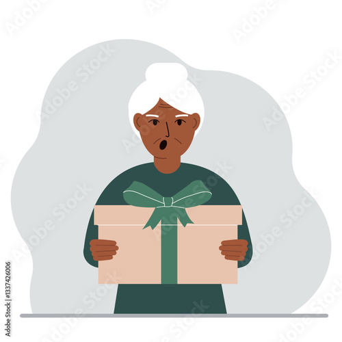 Screaming old woman holds a large gift box with a bow in his hands. Vector