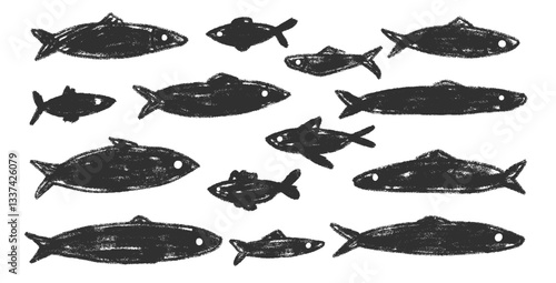 Fishes doodle set. Sardines hand drawn marker shapes. School of fish. Vector monochrome nautical illustration by pencil isolated on white background. Crayon or chalk naive underwater sprats.