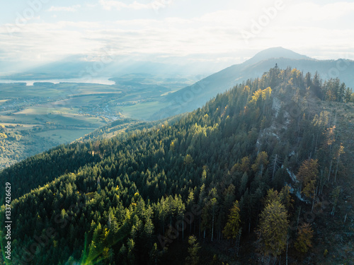 Sunset over Liptov region with Tatras mountains  landscape, Slovakia.