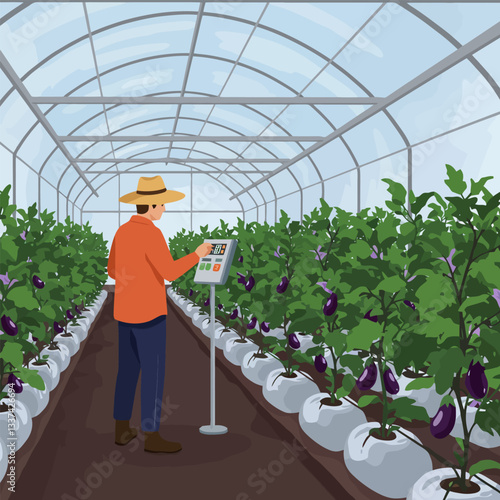 Farmer Checking Eggplant Growth in Greenhouse with Modern Technology Setup