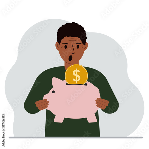 Screaming man holds a piggy bank, a coin falls into the piggy bank. The concept of saving finance, savings, investing finances.