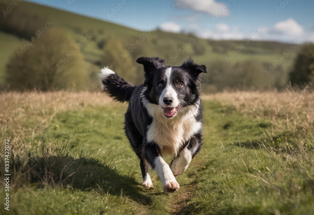 Fototapeta premium border collie dog running happy in the countryside, among the hills, cloudly sky, doggy playing outdoors in the nature