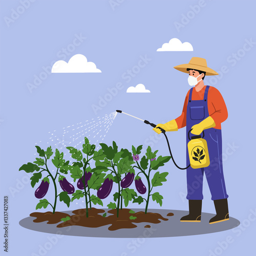 Farmer Spraying Eggplant Plants with Liquid Pesticide for Crop Protection