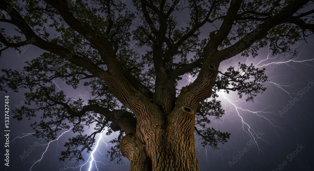 Fototapeta premium Tree Struck by Lightning During Night Storm with Dark Sky and Thunderbolt in Scenic Nature Landscape