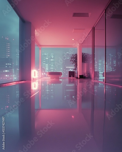 Surreal 1986 Tokyo Apartment: A Captivating Low-Angle Perspective with Hazy Neon Reflections, Evoking Nostalgic Cinematic Vibes in a Unique Urban Setting