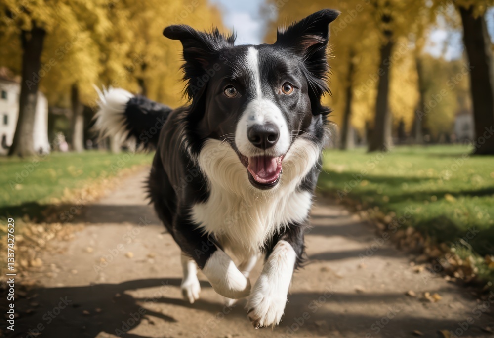 border collie dog running outdoors in a park on autumn, doggy playing outdoor on urban city streets with yellow leaves border collie dog running outdoors in a park on autumn, doggy playing outdoor on urban city streets with yellow leaves