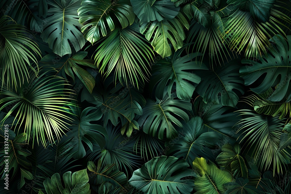 Lush overlapping green tropical leaves create a natural botanical background design Lush overlapping green tropical leaves create a natural botanical background design