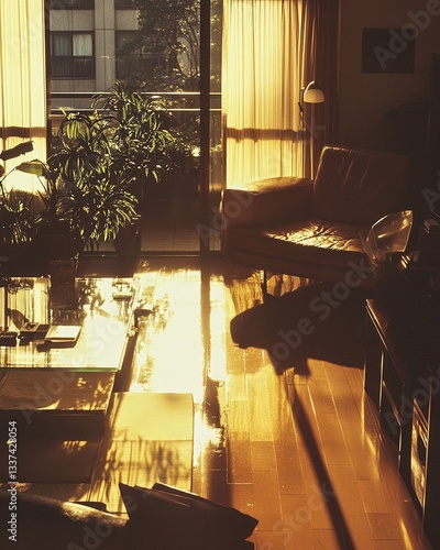 Explore the Vintage Charm of a 1986 Sunlit Tokyo Apartment: A Unique Perspective Capturing Retro Elegance with Glossy Furniture and Warm Tones