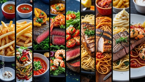 Vibrant Panoramic Collage of Gourmet Steak, Shrimp, Fries, Pasta, and More – An International Cuisine Feast