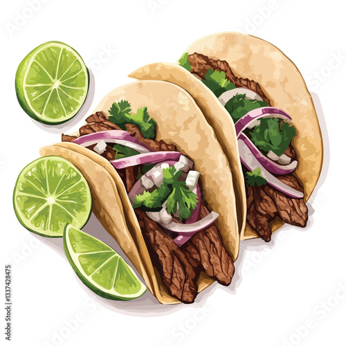 Delicious Carne Asada Tacos with Onions and Lime Vector Illustration